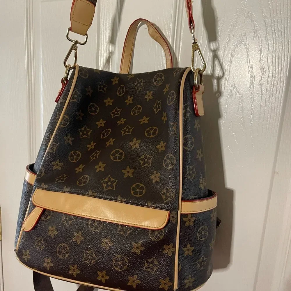 Stylish Synthetic Brown & Gold Backpack / Shoulder bag tan trim Accents
